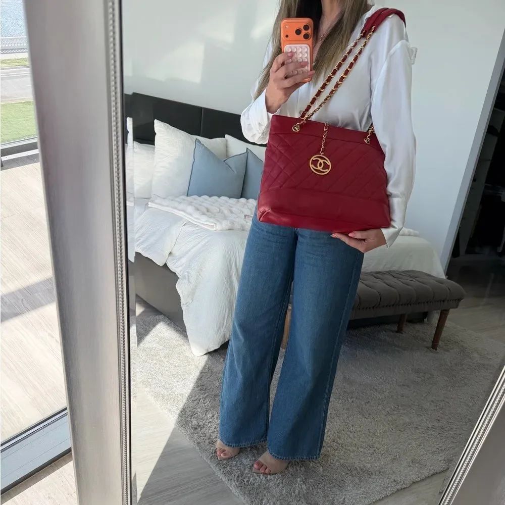 Chanel Red Quilted Chain Tote Bag with Gold Harware